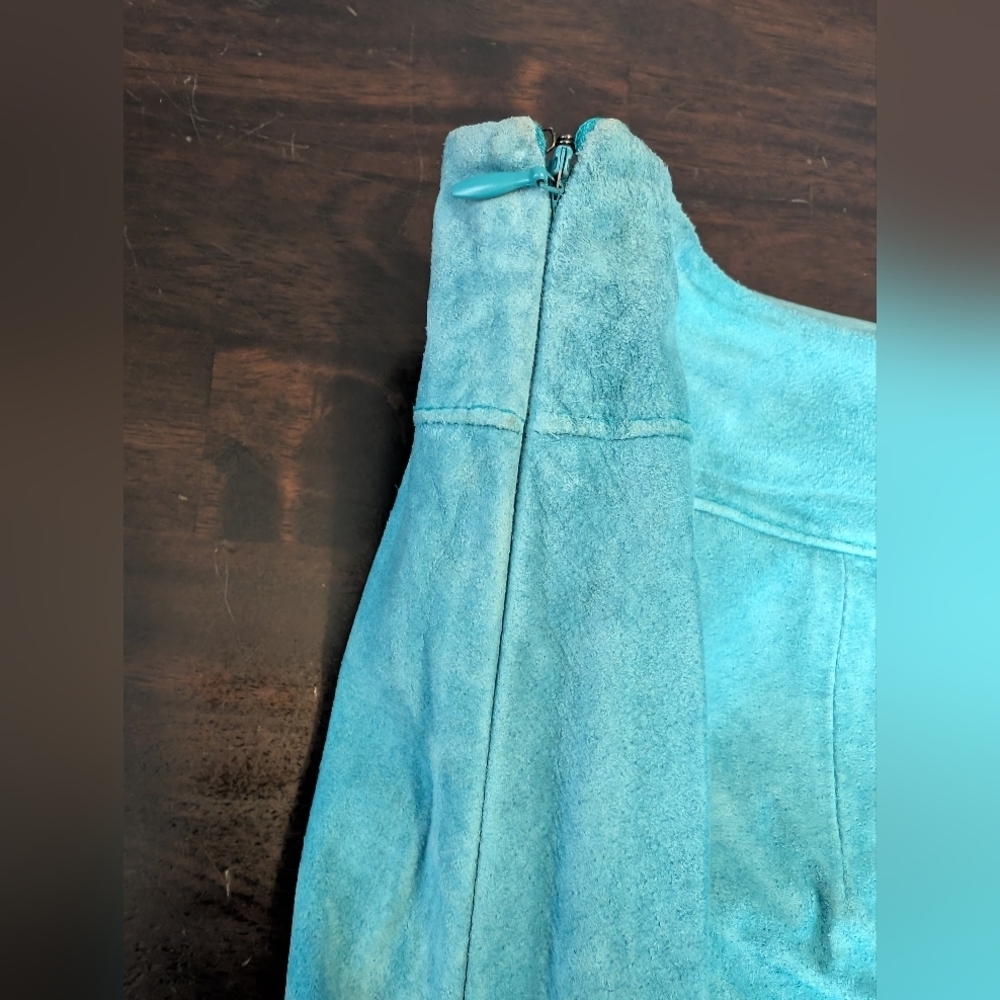 Express VTG Teal Suede Women's Skirt, Size 9/10. Genuine Leather, Lines, Raw Hem - Picture 6 of 7
